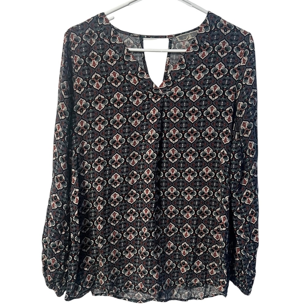 Pleione Floral Print Blouse Long Sleeve Keyhole Neckline Top Size S